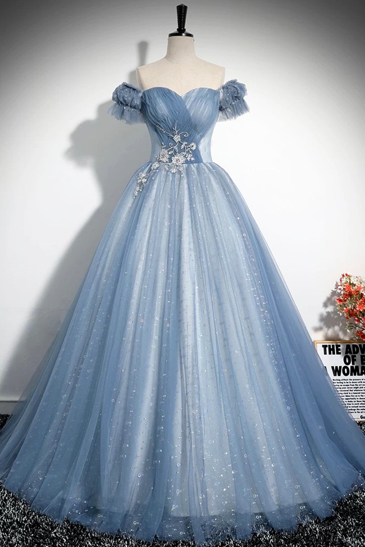 Blue Tulle Sequins Long Prom Dress, Beautiful A-Line Evening Party Dress