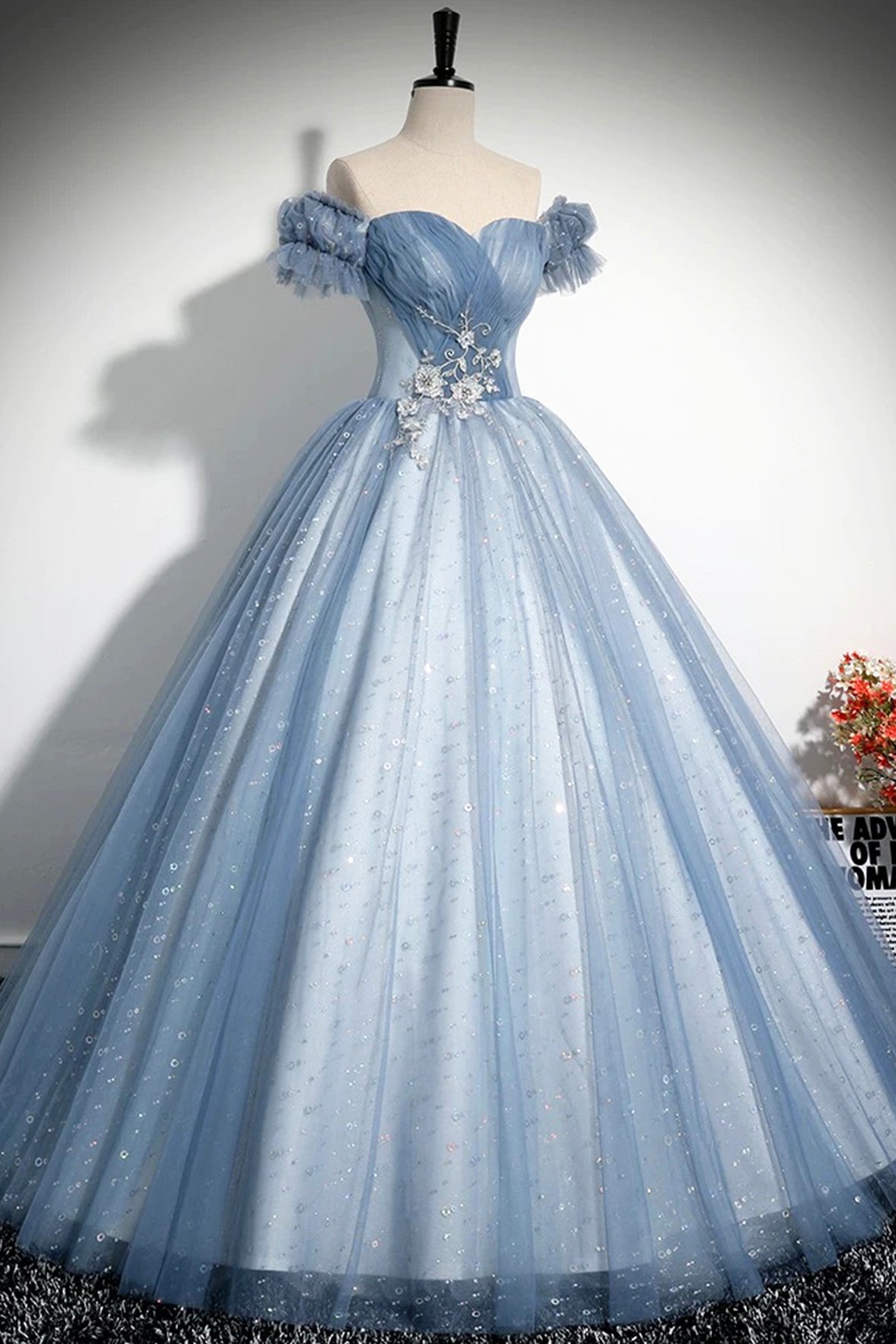 Blue Tulle Sequins Long Prom Dress, Beautiful A-Line Evening Party Dress