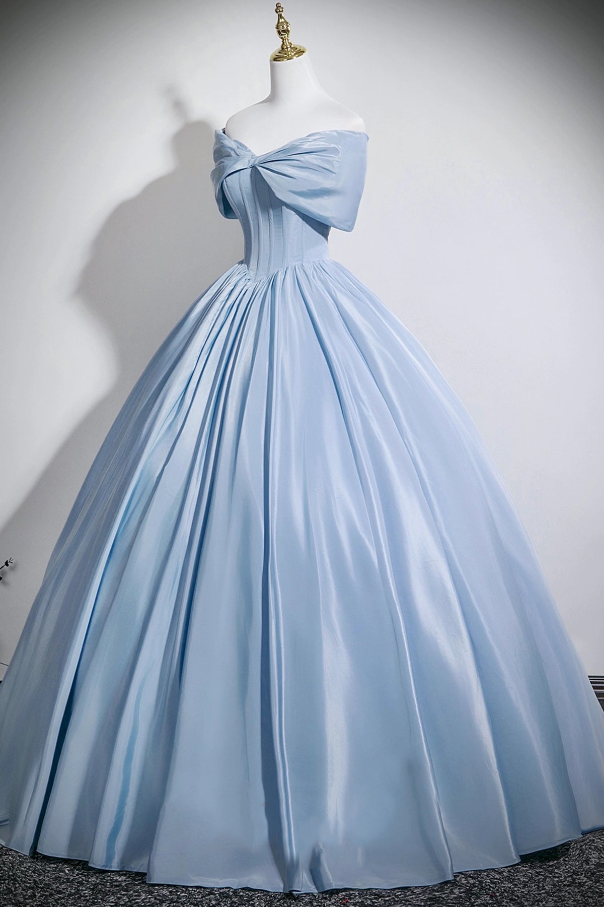 A-Line Blue Satin Long Prom Dress, Blue Off the Shoulder Evening Dress