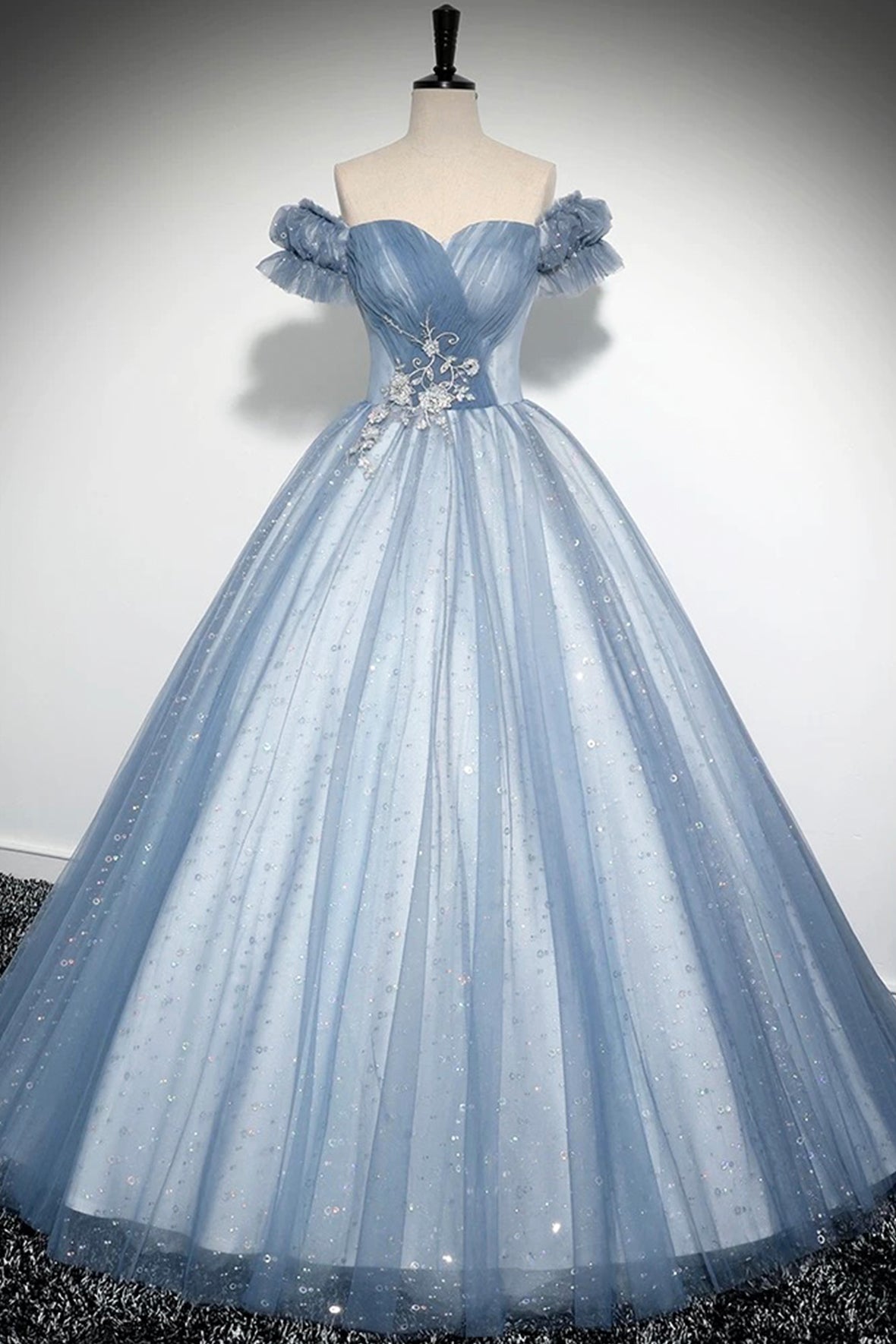 Blue Tulle Sequins Long Prom Dress, Beautiful A-Line Evening Party Dress