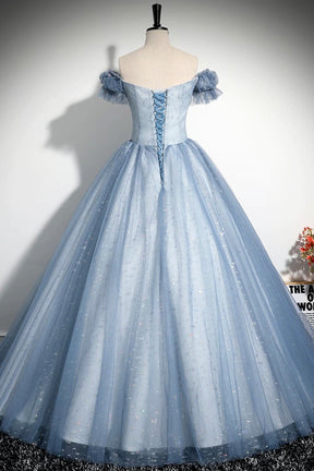 Blue Tulle Sequins Long Prom Dress, Beautiful A-Line Evening Party Dress