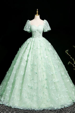 Green Tulle Butterfly Long A-Line Prom Dress, Beautiful Short Sleeve Evening Dress