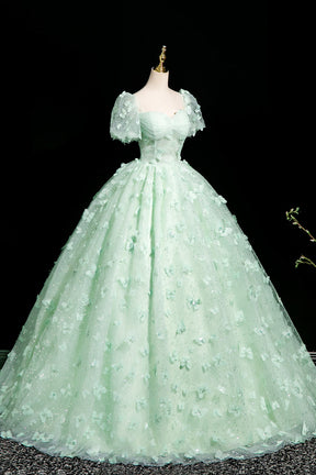 Green Tulle Butterfly Long A-Line Prom Dress, Beautiful Short Sleeve Evening Dress