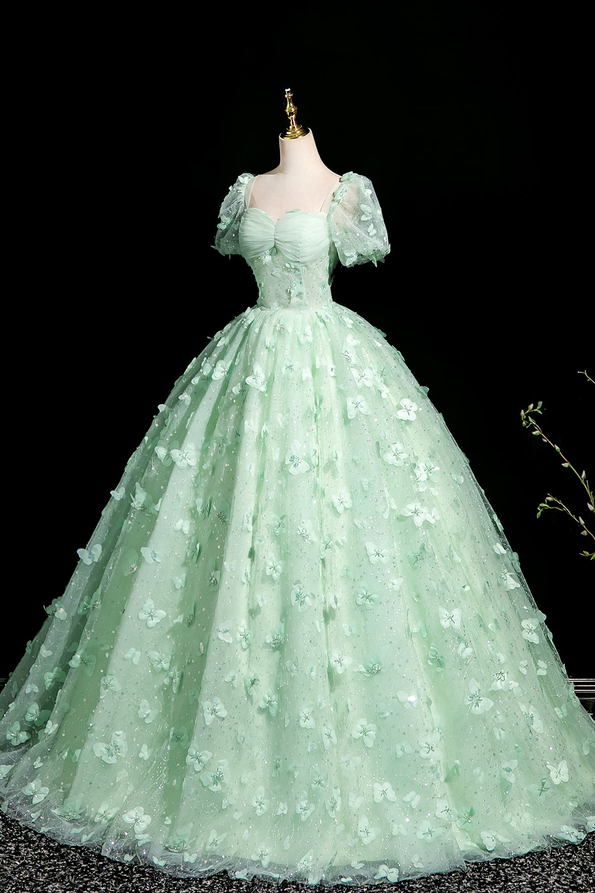 Green Tulle Butterfly Long A-Line Prom Dress, Beautiful Short Sleeve Evening Dress