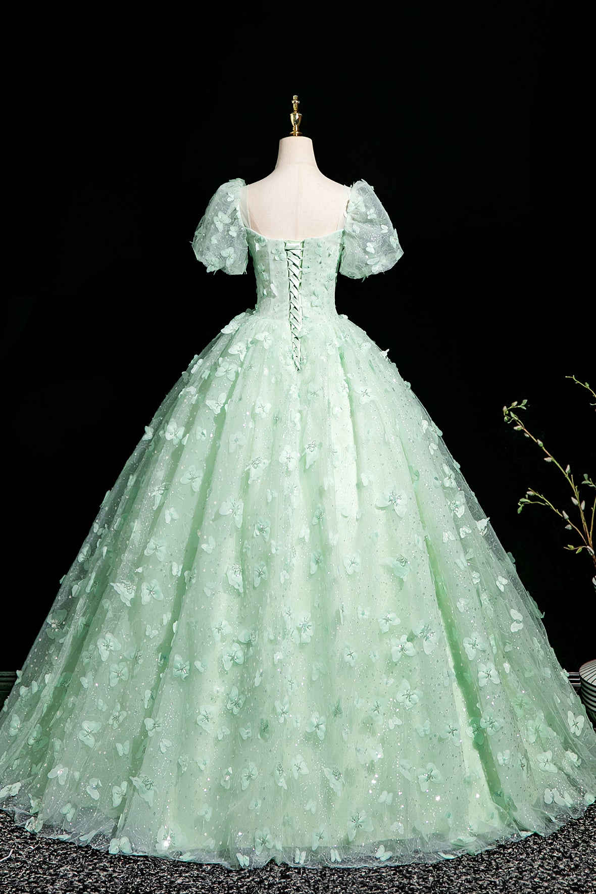 Green Tulle Butterfly Long A-Line Prom Dress, Beautiful Short Sleeve Evening Dress