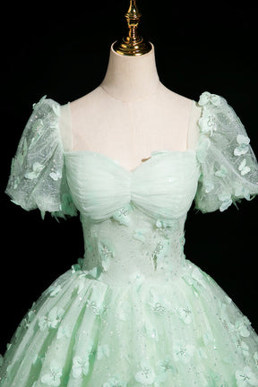 Green Tulle Butterfly Long A-Line Prom Dress, Beautiful Short Sleeve Evening Dress