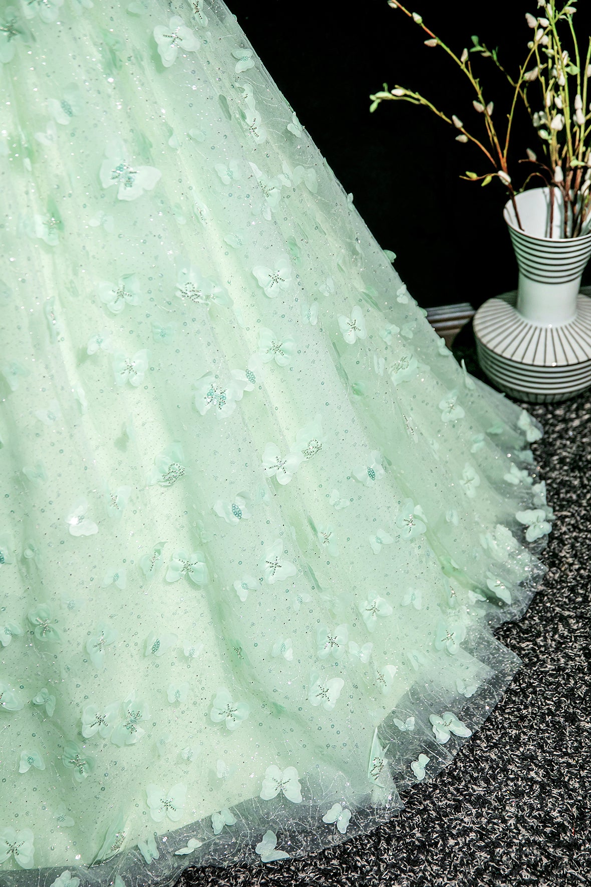 Green Tulle Butterfly Long A-Line Prom Dress, Beautiful Short Sleeve Evening Dress