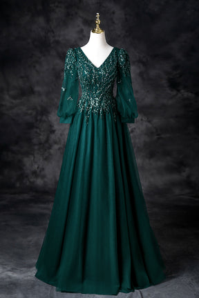 Green V-Neck Tulle Beads Long Prom Dress, Elegant Long Sleeve Evening Party Dress