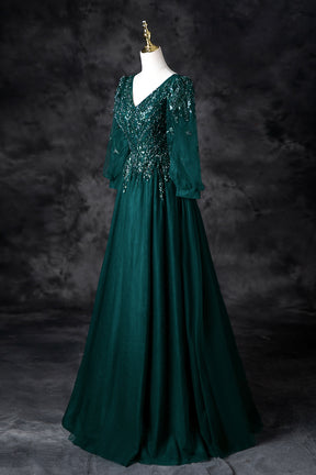 Green V-Neck Tulle Beads Long Prom Dress, Elegant Long Sleeve Evening Party Dress