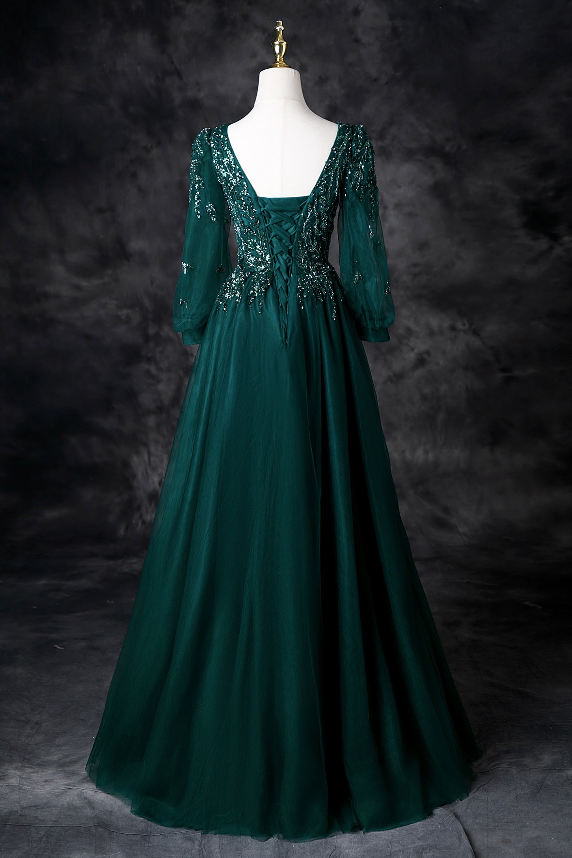 Green V-Neck Tulle Beads Long Prom Dress, Elegant Long Sleeve Evening Party Dress