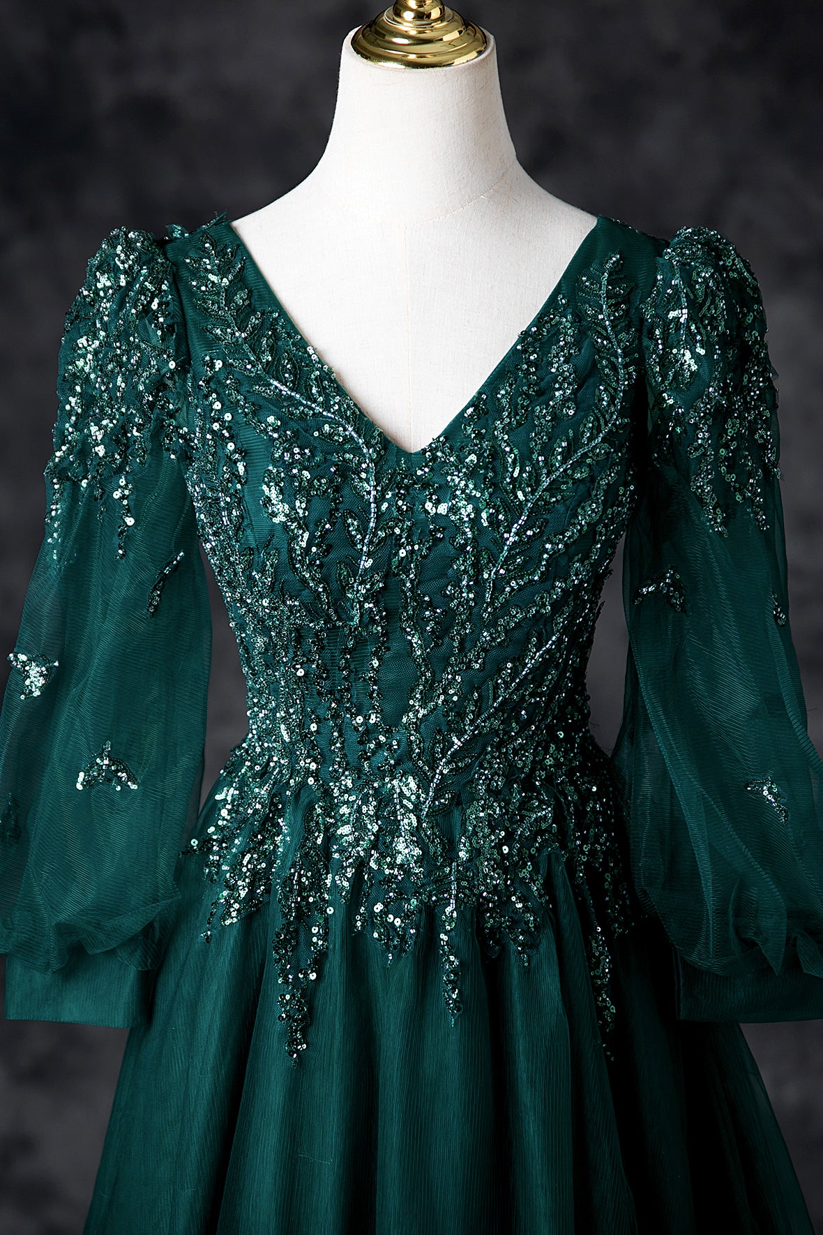 Green V-Neck Tulle Beads Long Prom Dress, Elegant Long Sleeve Evening Party Dress