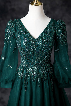 Green V-Neck Tulle Beads Long Prom Dress, Elegant Long Sleeve Evening Party Dress