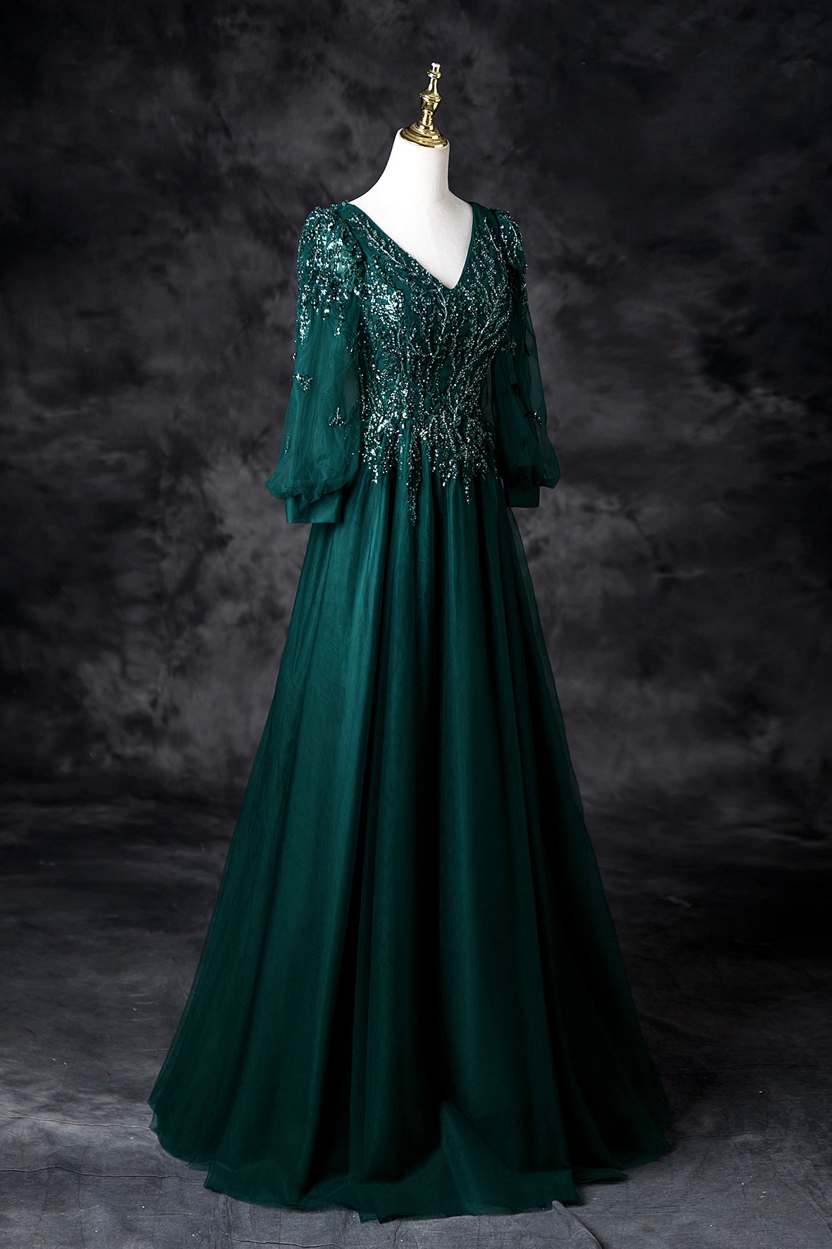 Green V-Neck Tulle Beads Long Prom Dress, Elegant Long Sleeve Evening Party Dress