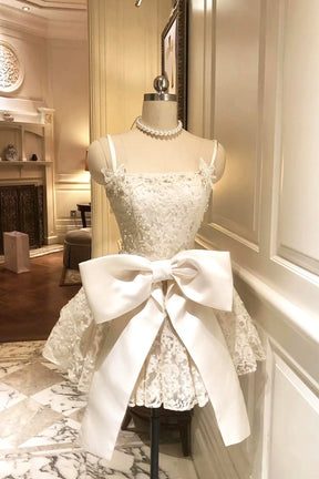 Charming Lace Short/Mini Party Dress, White A-Line Backless Evening Dress with Bow