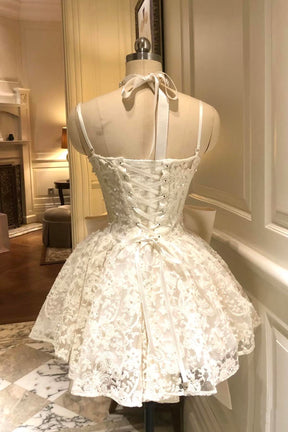 Charming Lace Short/Mini Party Dress, White A-Line Backless Evening Dress with Bow