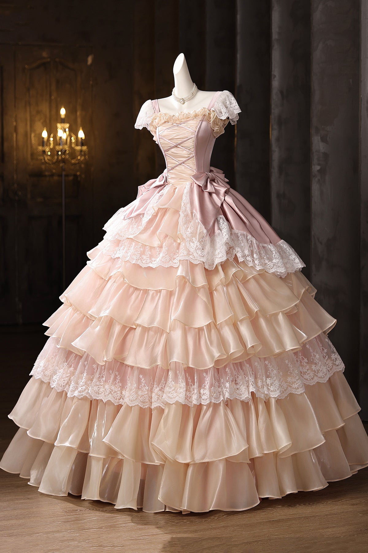 Retro Pink Ruffles Lace Flower Prom Dresses, A-Line Square Neckline Short Sleeve Formal Dresses