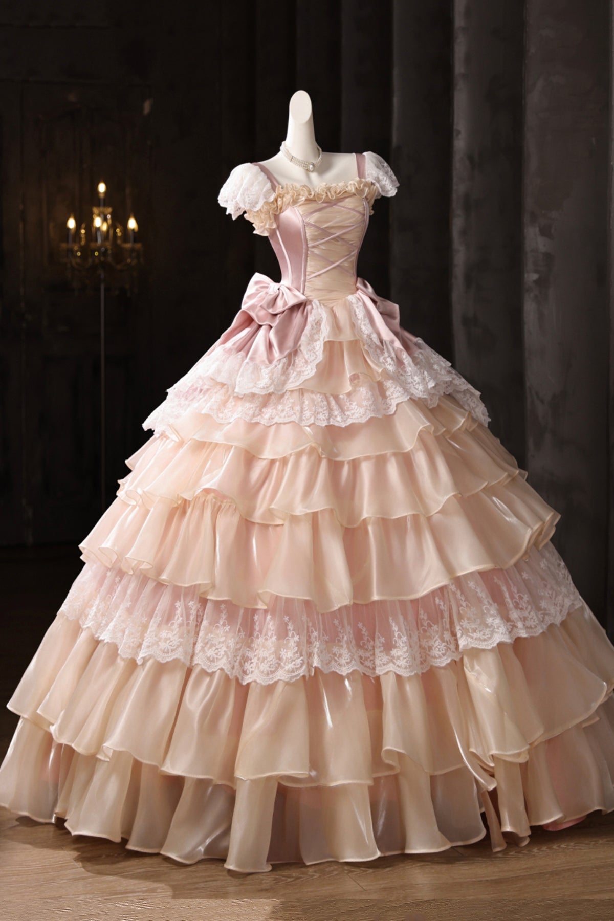 Retro Pink Ruffles Lace Flower Prom Dresses, A-Line Square Neckline Short Sleeve Formal Dresses