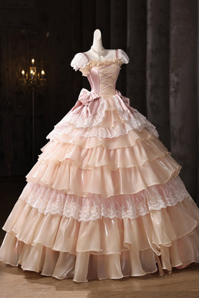 Retro Pink Ruffles Lace Flower Prom Dresses, A-Line Square Neckline Short Sleeve Formal Dresses