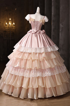 Retro Pink Ruffles Lace Flower Prom Dresses, A-Line Square Neckline Short Sleeve Formal Dresses