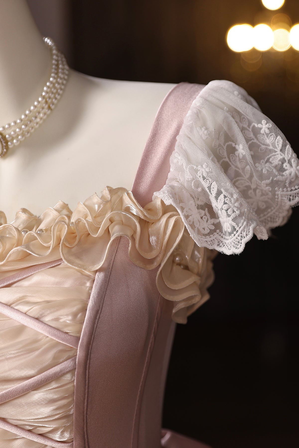 Retro Pink Ruffles Lace Flower Prom Dresses, A-Line Square Neckline Short Sleeve Formal Dresses