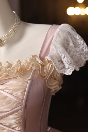 Retro Pink Ruffles Lace Flower Prom Dresses, A-Line Square Neckline Short Sleeve Formal Dresses