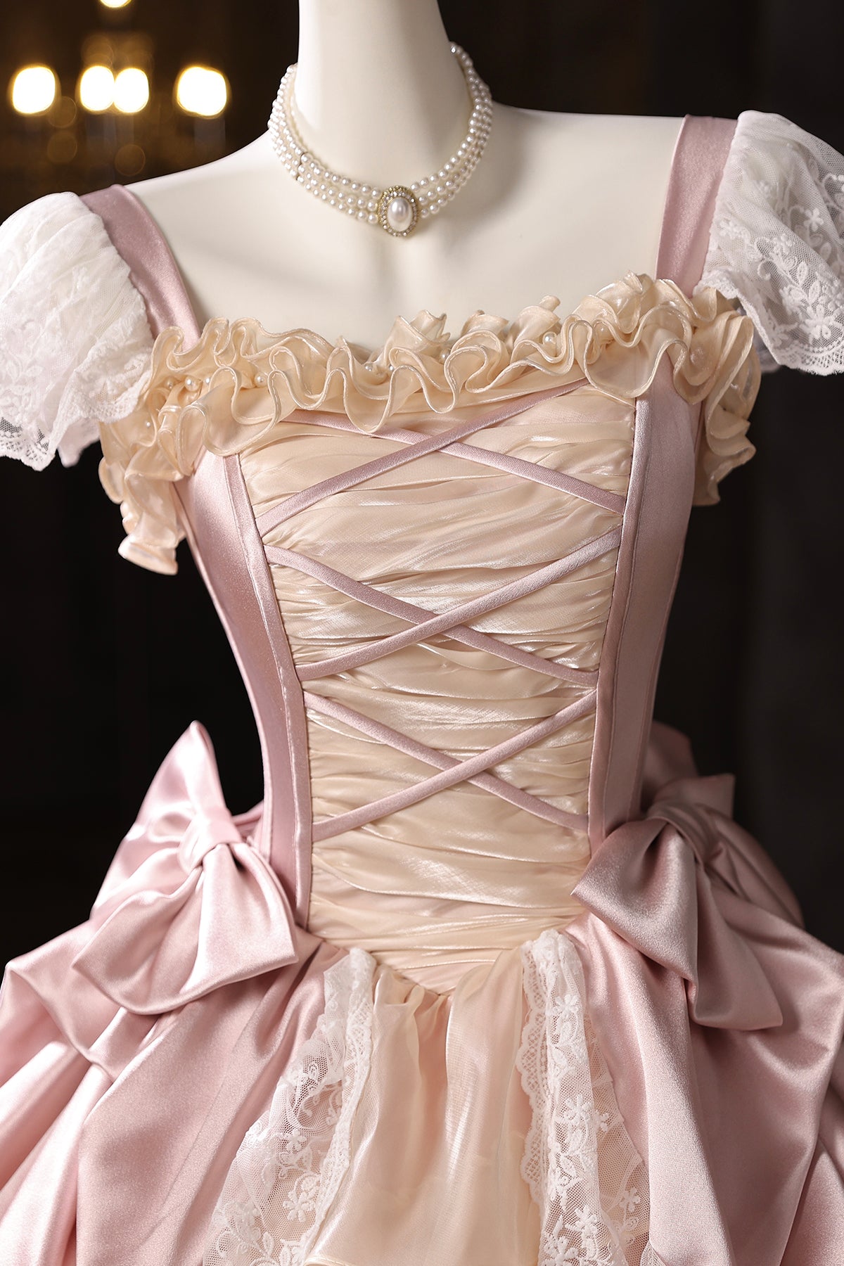 Retro Pink Ruffles Lace Flower Prom Dresses, A-Line Square Neckline Short Sleeve Formal Dresses