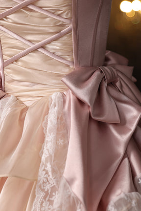 Retro Pink Ruffles Lace Flower Prom Dresses, A-Line Square Neckline Short Sleeve Formal Dresses