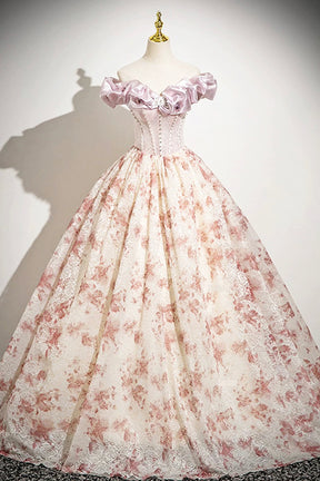 Cute Floral Floor Length Prom Dress with Corset, A-Line Off the Shoulder Evening Party Dress