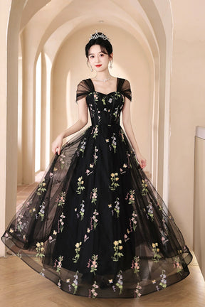 Black Tulle Lace Long Prom Dress, Black A-Line Off the Shoulder Evening Party Dress