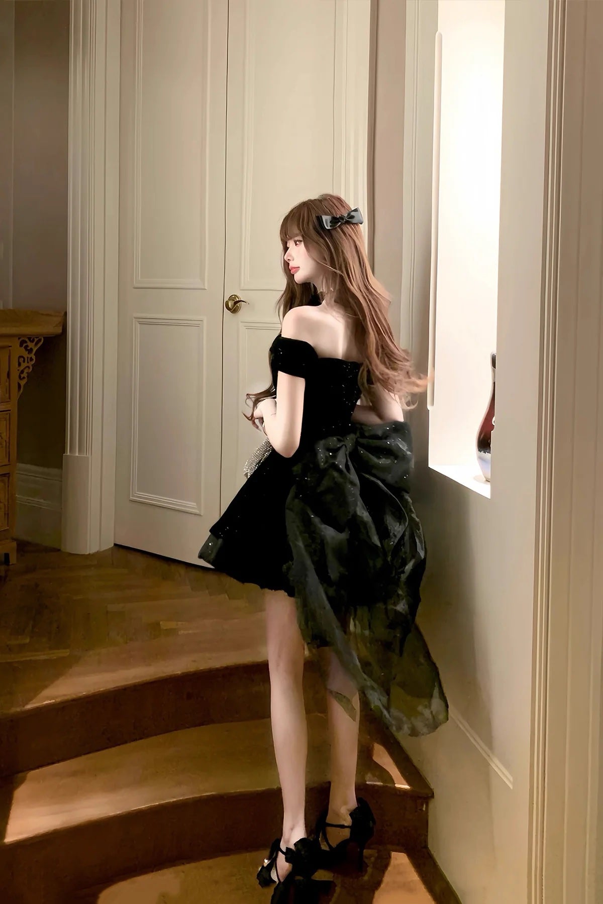 Black Velvet Short Prom Dress with Bow, Black A-Line Mini Party Dress Black Velvet Short Prom Dress with Bow, Black A-Line Mini Party Dress