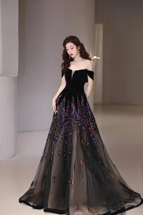 Black Velvet Sequins Long Prom Dress, Beautiful A-Line Tulle Party Dress