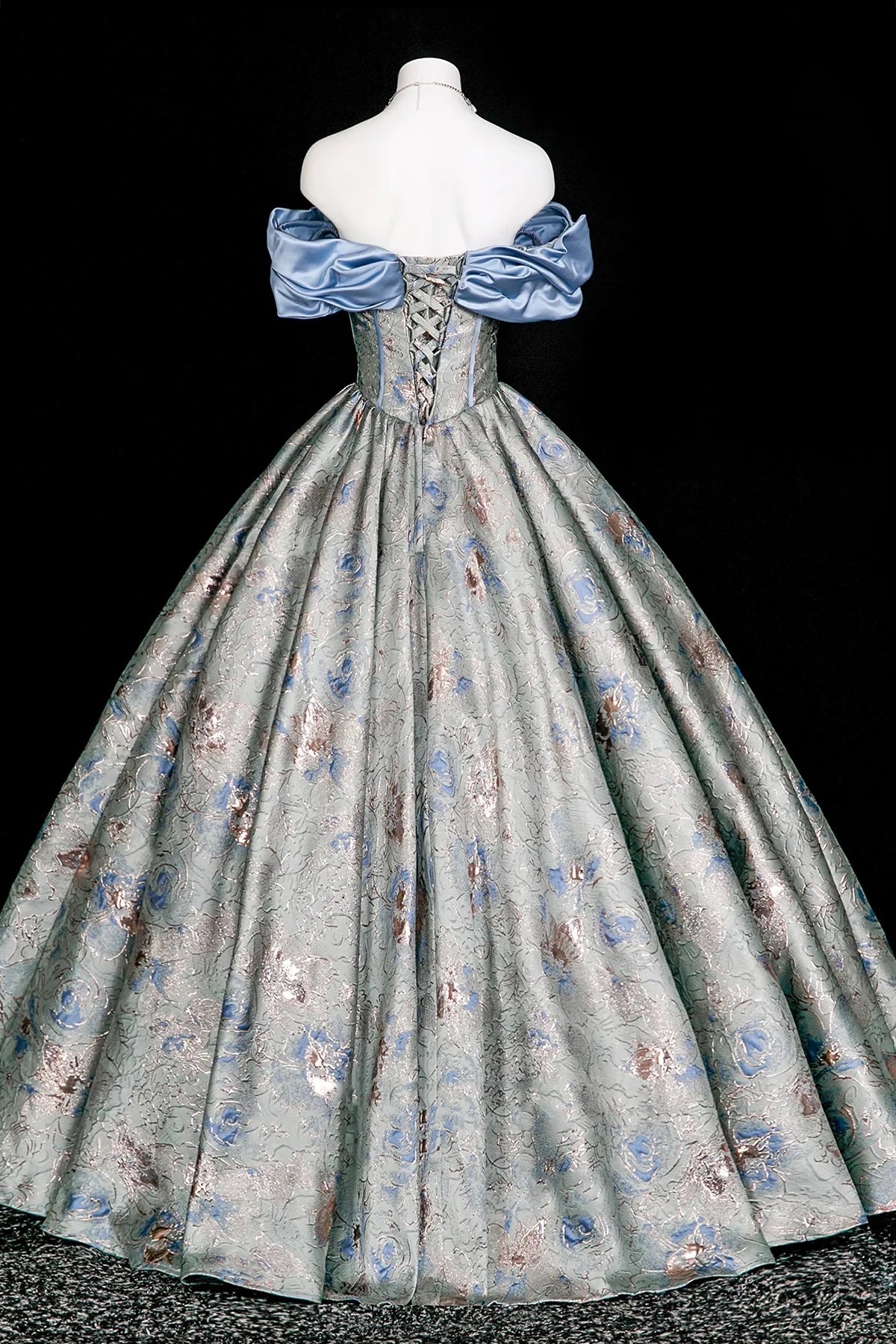 Blue Metallic Floral Ball Gown | Off Shoulder Sweet 16 Prom Dress