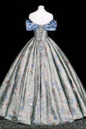 Blue Metallic Floral Ball Gown | Off Shoulder Sweet 16 Prom Dress