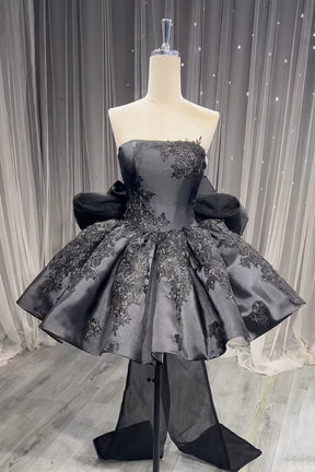 Black Satin Lace Short Prom Dress, Cute A-Line Knee Length Party Dress