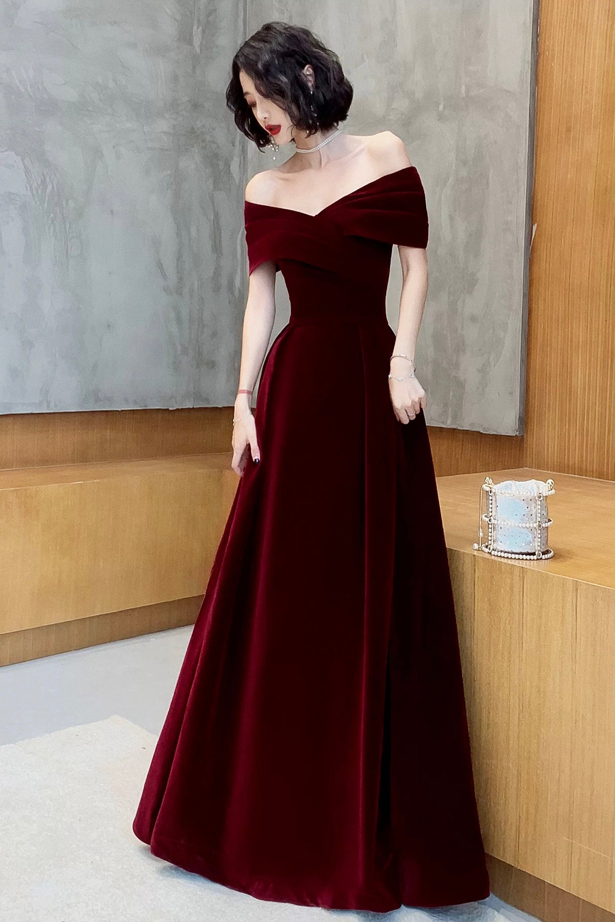 Burgundy Velvet Floor Length Prom Dress, Elegant A-Line Evening Party Dress