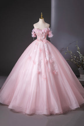 Pink Tulle Lace and Flowers Ball Gown Formal Dresses, Pink Long Sweet 16 Dresses