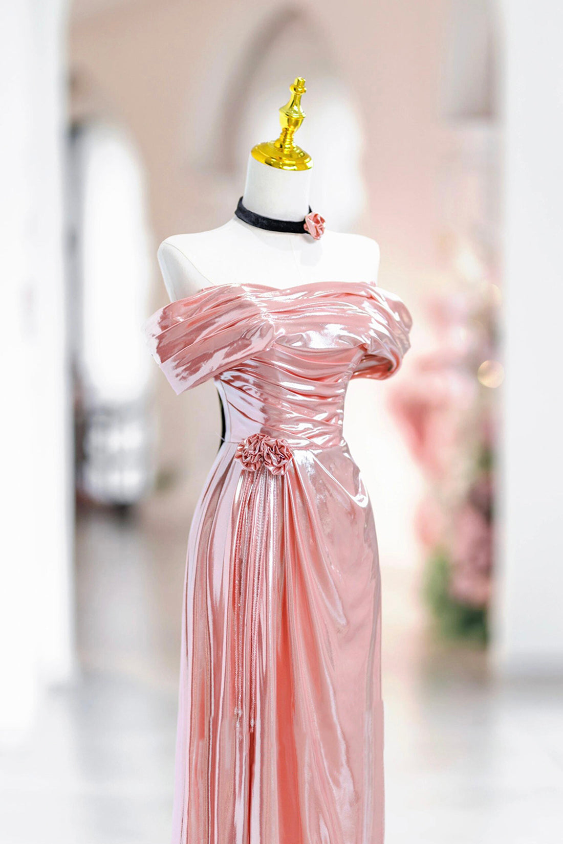 Beautiful Pink Floor Length Prom Dress, Shiny Off the Shoulder Evening Party Dress