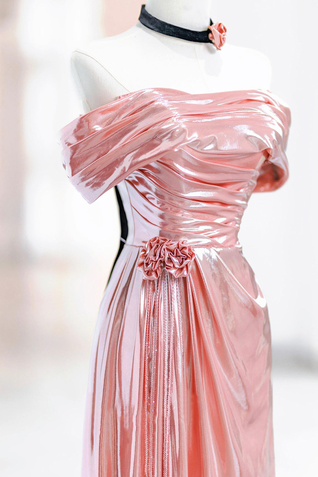 Beautiful Pink Floor Length Prom Dress, Shiny Off the Shoulder Evening Party Dress