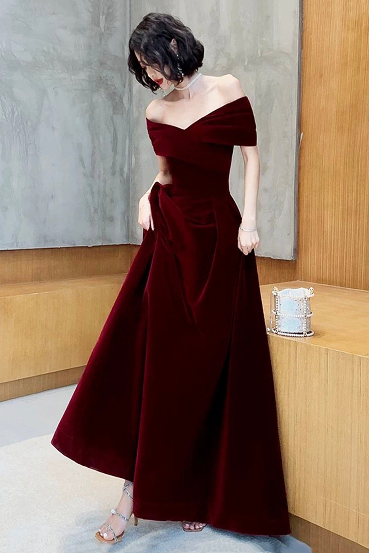 Burgundy Velvet Floor Length Prom Dress, Elegant A-Line Evening Party Dress