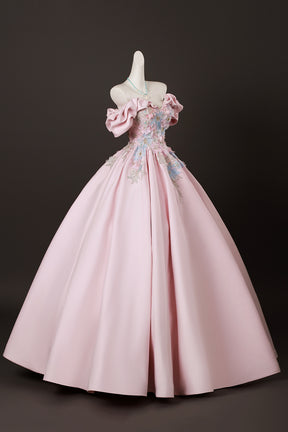 Candy Pink Satin Lace Long Prom Dress, Lovely A-Line Off the Shoulder Evening Party Dress