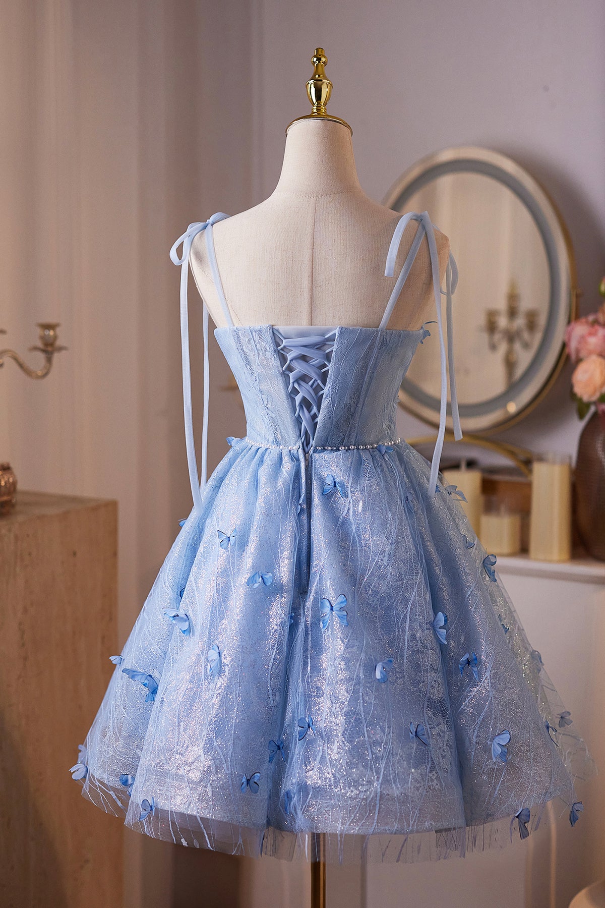Enchanting Light Blue Butterfly Mini Prom Dress, A-Line Backless Party Dress