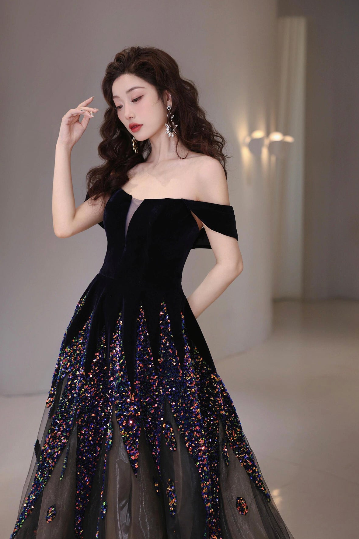 Black Velvet Sequins Long Prom Dress, Beautiful A-Line Tulle Party Dress