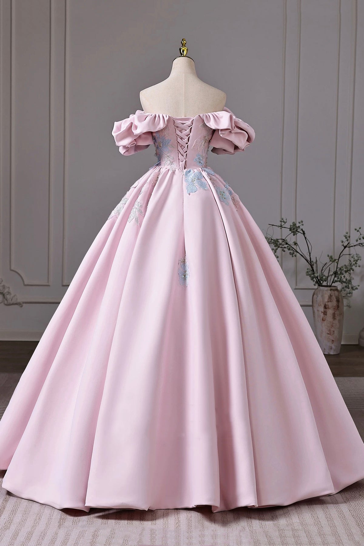 Pink Off the Shoulder Satin Lace Long Prom Dress, Pink A-Line Party Formal Dress