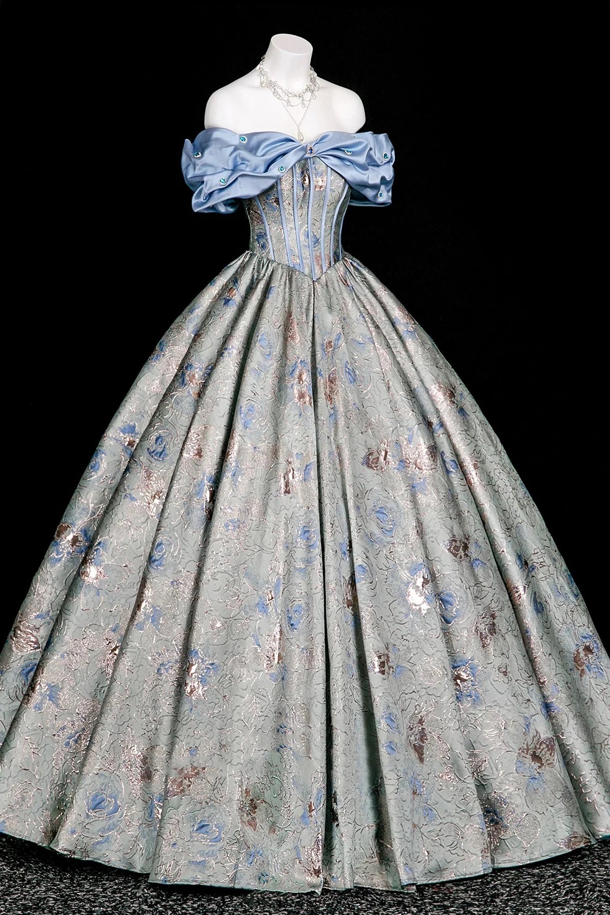 Blue Metallic Floral Ball Gown | Off Shoulder Sweet 16 Prom Dress