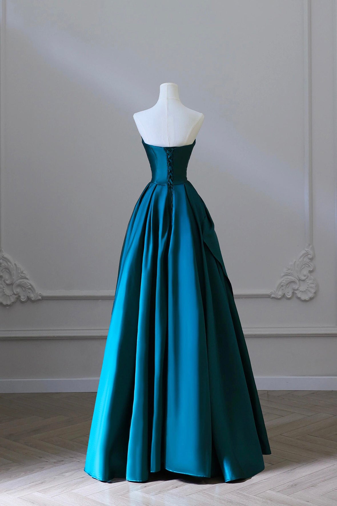 Blue Satin Long A-Line Party Dresses, Beautiful Strapless Princess Party Dresses