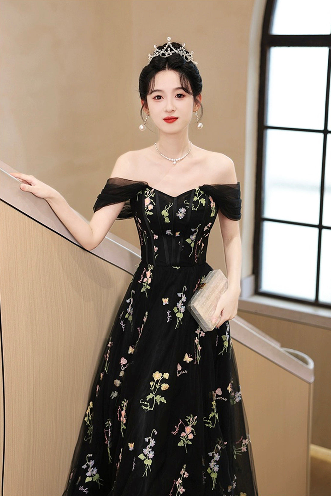 Black Tulle Lace Long Prom Dress, Black A-Line Off the Shoulder Evening Party Dress