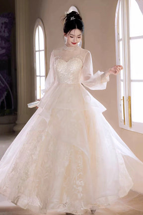 Champagne Tulle Lace Long Prom Dress, Beautiful Long Sleeve Evening Party Dress