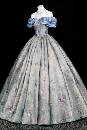 Blue Metallic Floral Ball Gown | Off Shoulder Sweet 16 Prom Dress