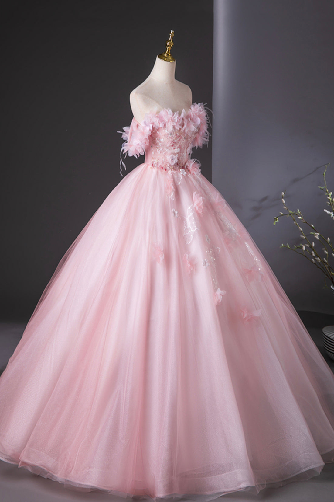 Pink Tulle Lace and Flowers Ball Gown Formal Dresses, Pink Long Sweet 16 Dresses