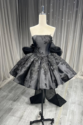 Black Satin Lace Short Prom Dress, Cute A-Line Knee Length Party Dress
